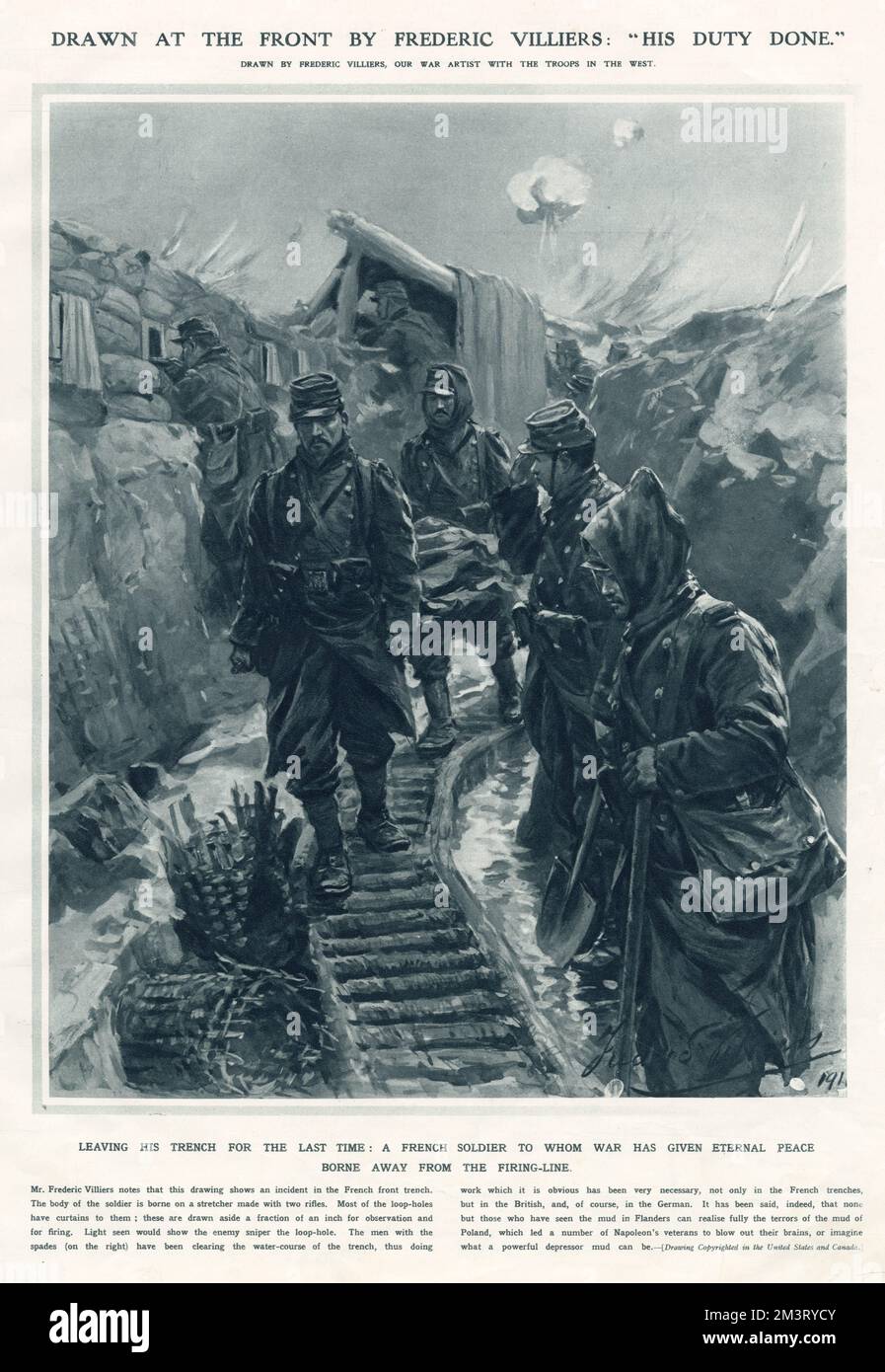 French soldier leaving the trenches for the last time on a stretcher, comrades bow their heads in respect. Stock Photo