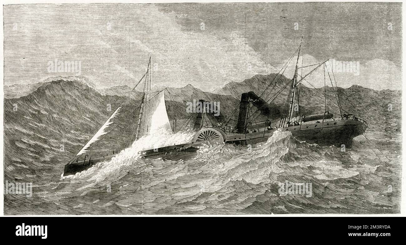 Disaster at the Mouth of the Mersey off the north west lightship - the cutter-rigged steamer Lelia commanded by Captain Skinner foundering with the loss of 20 lives. She was carrying 700 tonnes of coal and bound for Bermuda. The Liverpool lifeboat was upset in attempting to rescue the Lelia's crew with the loss of seven of the lifeboatmen. Stock Photo