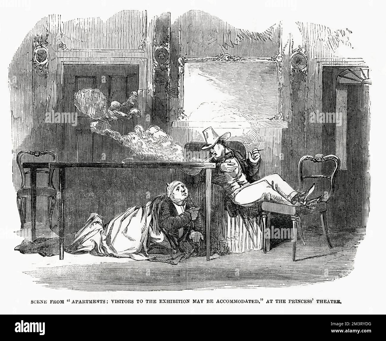 Scene from 'Apartments: Visitors to the Exhibition may be accomodated' by William Brough at the Princess' Theatre.     Date: 1851 Stock Photo