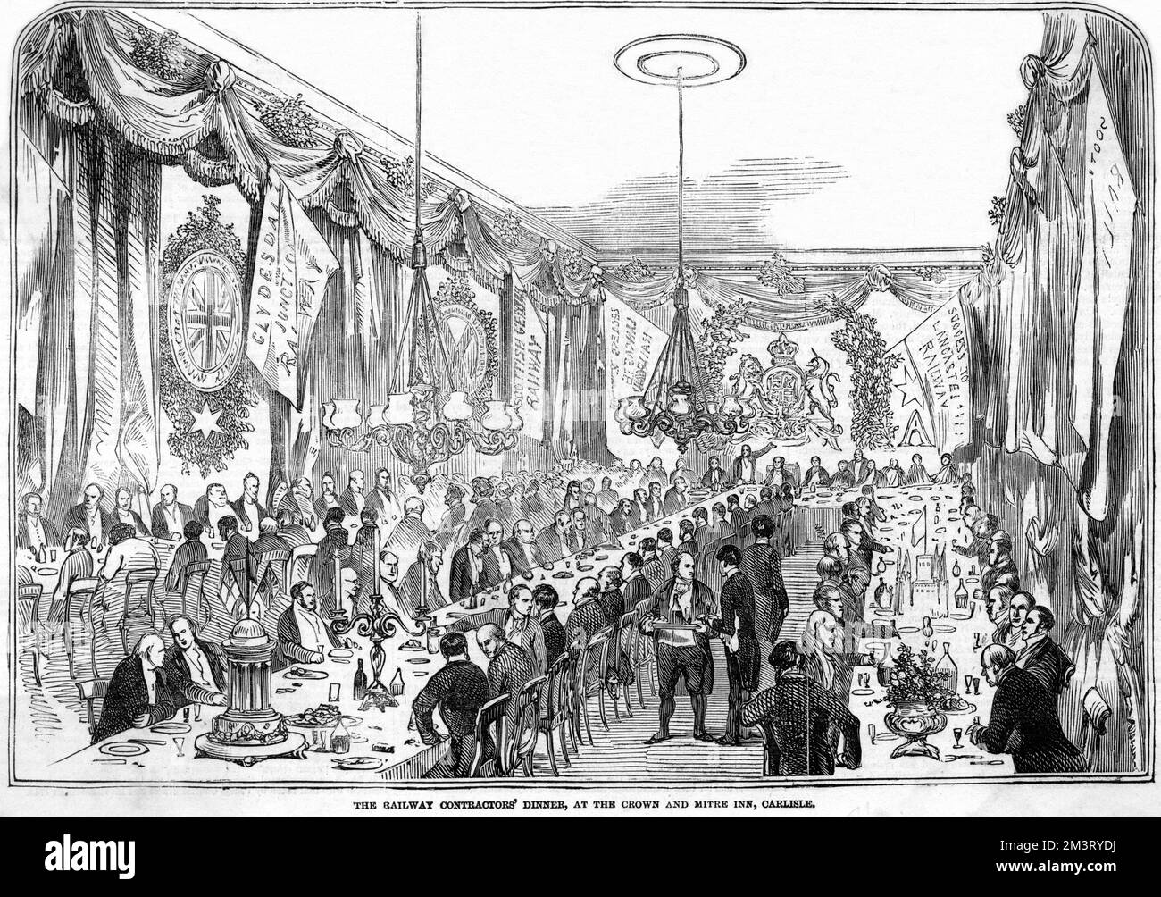 The railway contractors' dinner at the Crown and Mitre Inn, Carlisle, to celebrate the opening of the Lancaster and Carlisle Railway in autumn/winter 1846. The contractors were Stephenson, Mackenzie &amp; Co.     Date: 1846 Stock Photo