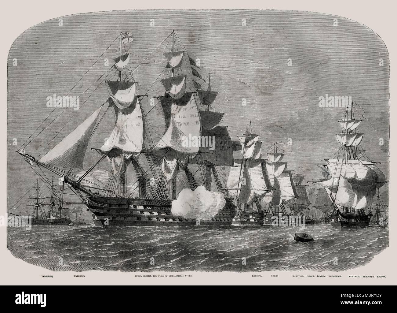Ships - Terrible, Valorous, Royal Albert, Renown, Orion, Hannibal, Caesar, Diadem, Brunswick, Euryalis, Arrogant, Racoon.     Date: 1858 Stock Photo