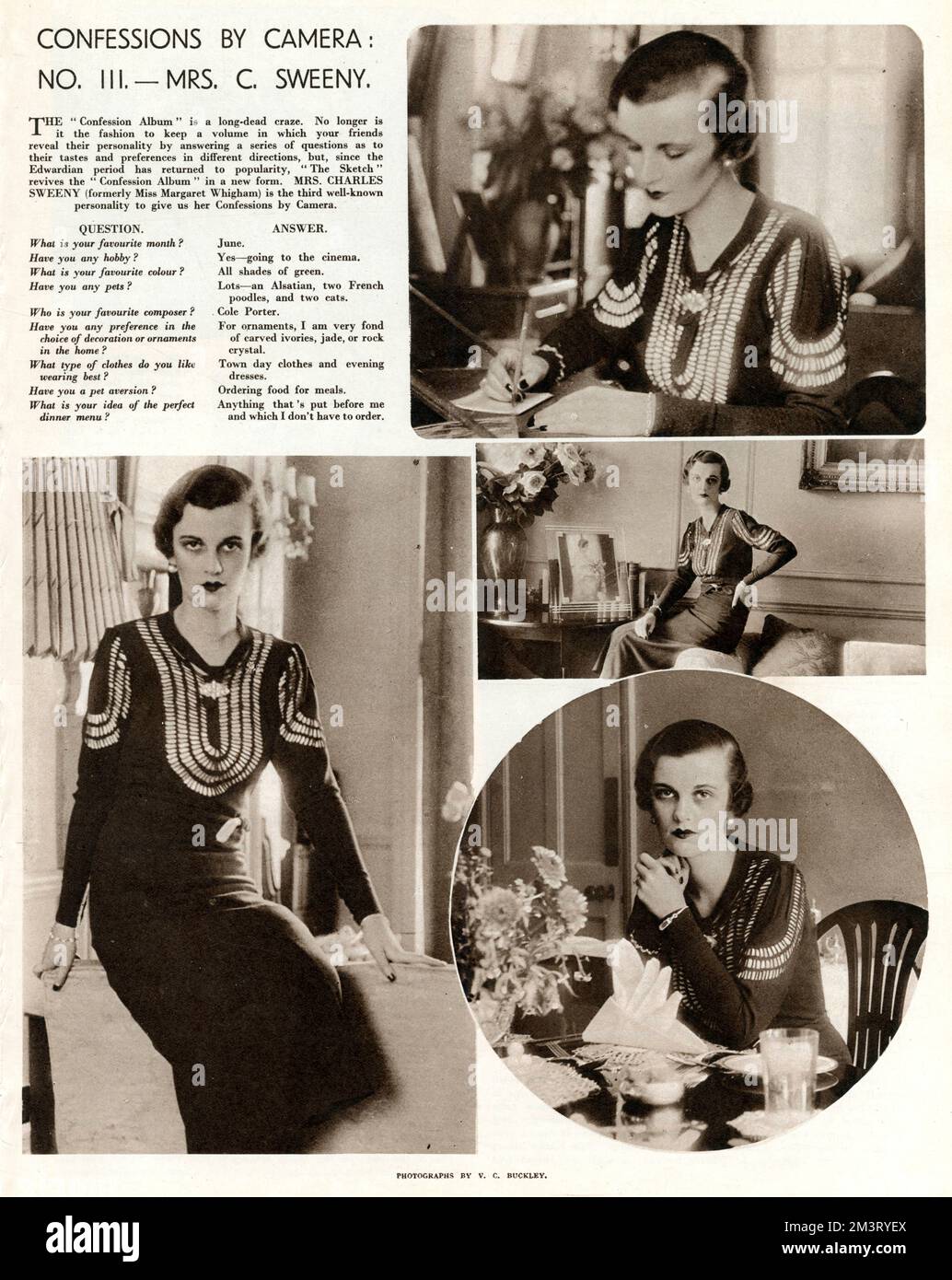 Page from The Sketch, part of a series entitled, Confessions by Camera.  This one features Mrs Charles Sweeny, former deb of the year and it girl, Miss Margaret Whigham and later the notorious Duchess of Argyll. She is pictures at home looking the height of chic and is asked a variety of banal questions. Her favourite month is June, colour - green, and she has an aversion to 'ordering food for meals'.       Date: 1934 Stock Photo