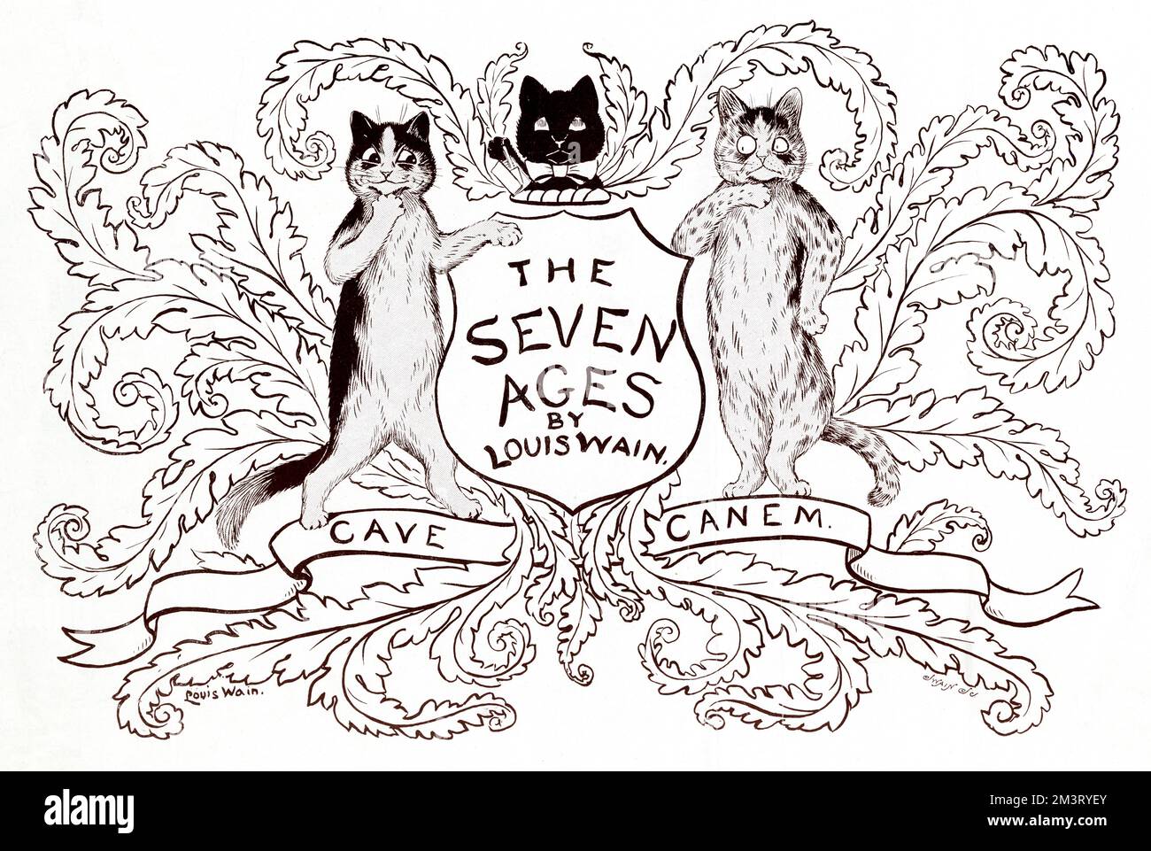 Supplement front cover, The Seven Ages by Louis Wain - Shakespeare's Seven Ages of Man, reapplied to cats!  Design in the form of a coat of arms, with the Latin motto: Cave Canem (Beware of the Dog).      Date: 1900 Stock Photo