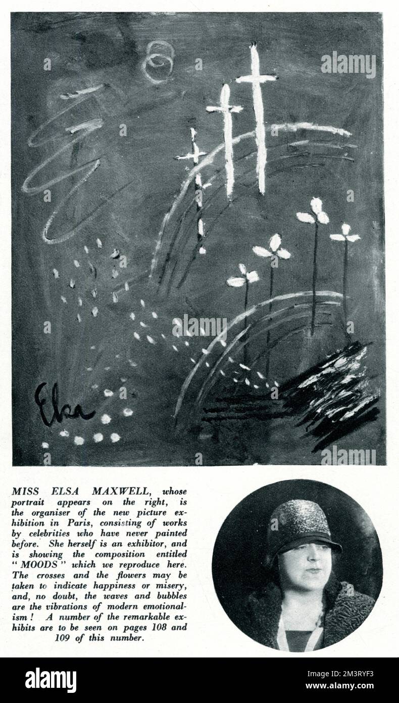 Feature in The Sketch showing party thrower, entertainer and social fixer Elsa Maxwell alongside a painting she did as part of an exhibition organised by her in Paris on the theme of 'Moods' in which she invited various celebrities who had never painted before to submit work.     Date: 1932 Stock Photo