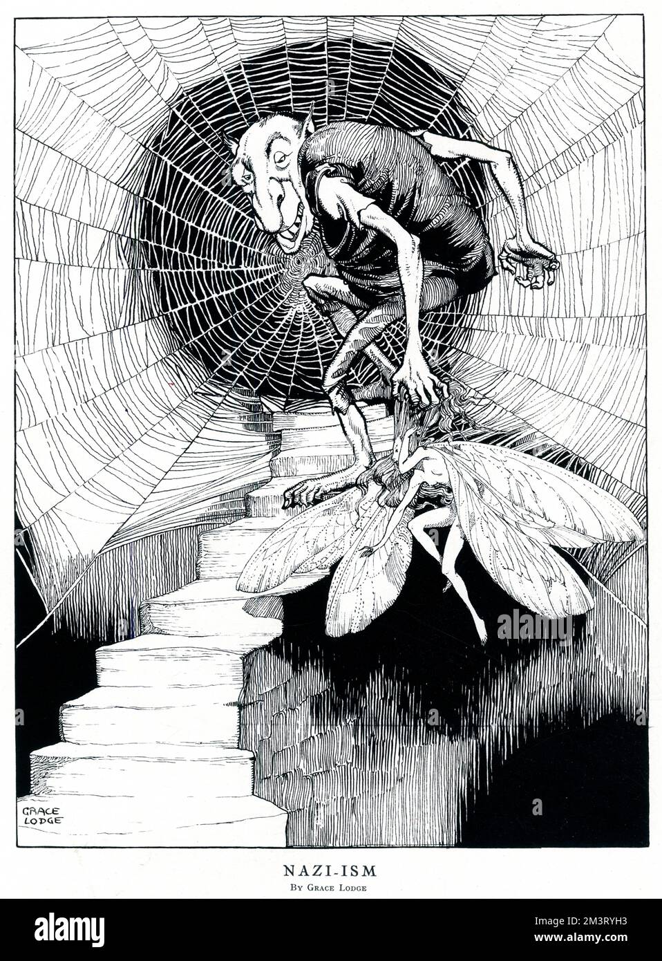 Unusual cartoon from The Tatler 1940 depicting the Nazi regime as a beastly troll dragging an innocent fairy towards a spider's web.     Date: 1940 Stock Photo