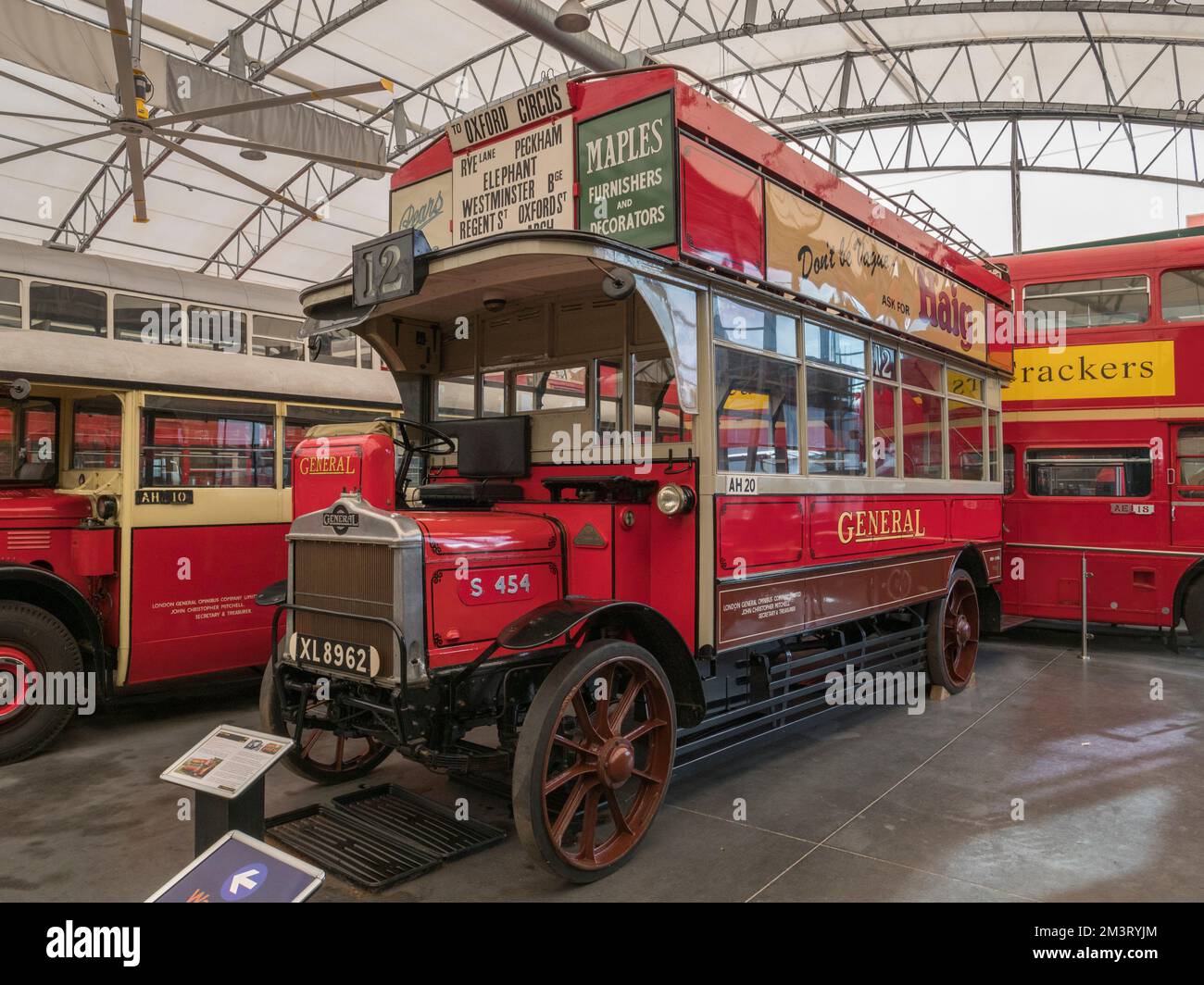 A No 12 London General Omnibus Company AEC S-type bus from 1922 (XL8962) in the London Bus Museum, part of Brooklands Museum, Surrey, UK. Stock Photo