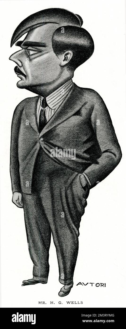 Herbert George Wells, aka H.G. Wells (1866 - 1946), English master of science fiction, wrote several classics before 1900: The Time Machine,The War of the Worlds,The Island of Doctor Moreau and The Invisible Man. Caricatured by Autori.     Date: 1931 Stock Photo