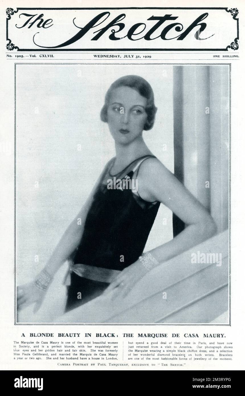 Front cover of The Sketch featuring Paula Gellibrand, wife of the 1st Marquis de Casa Maury (1898-1986), socialite, pictured wearing a simple, black chiffon dress and a selection of diamond bracelets.  &quot;Bracelets are one of the most fashionable forms of jewellery of the moment&quot; remarks The Sketch.     Date: 1929 Stock Photo