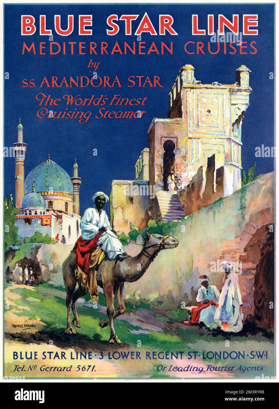Advertisement for Blue Star Line's Mediterranean cruises on board the S.S. Arandora Star. The Arandora Star was requisitioned as a troop ship during the Second World War, and was sunk by a German torpedo when it was carrying Italian and German internees and POWs, the majority of whom lost their lives.     Date: 1929 Stock Photo