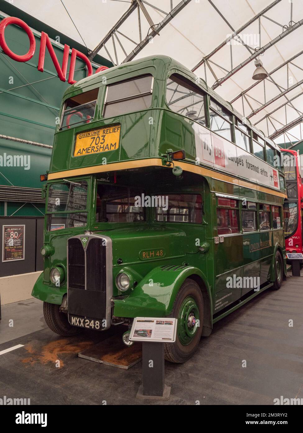 A No 703 1952 AEC Regent III (MXX 248), London transport green bus, London Bus Museum, part of Brooklands Museum, Surrey, UK. Stock Photo
