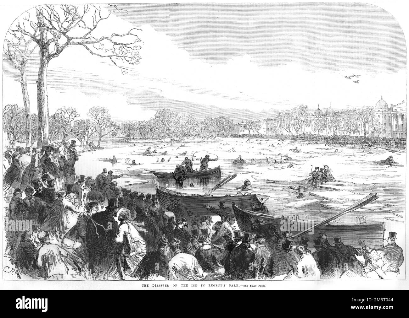 The disaster on the ice in Regent's Park, London, 15th January 1867. Several hundred people were skating or sliding on the ice of the lake when it broke so suddenly and unexpectedly that a great number were plunged into the water, and over 40 people drowned.     Date: 15th January 1867 Stock Photo