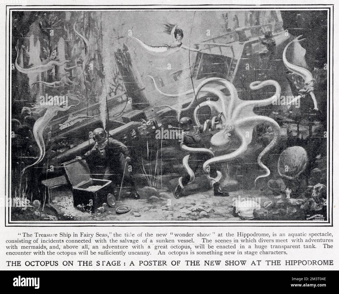 Poster for the latest 'wonder show' at the London Hippodrome, for Christmas 1906. The Treasure Ship in Fairy Seas featured several scenes played under water in the Hippodrome's transparent tank. Swimmers the Finney sisters and Annette Kellerman starred as mermaids, and the octopus was 'something new in stage characters'.      Date: 1906 Stock Photo
