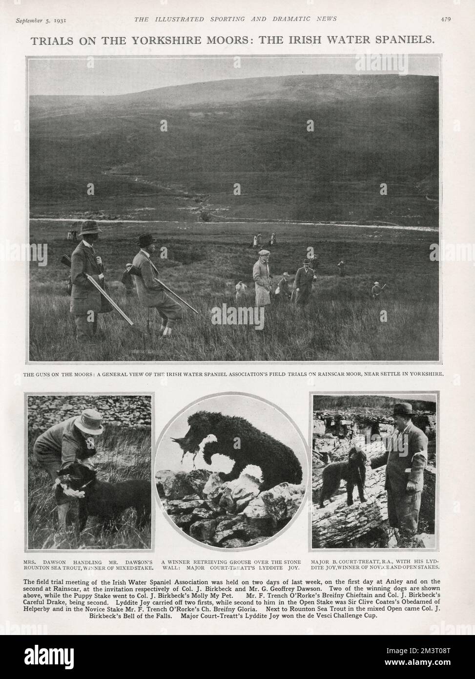 Trials on the Yorkshire Moors: the Irish Water Spaniels. The field trial meeting of the Irish Water Spaniel Association, 1931, was held at Anley and Rainscar at the invitation of Col. J. Birkbeck and Mr G. Geoffrey Dawson. Top image shows the guns on the moors: a general view of the Irish Water Spaniel Association's field trials on Rainscar Moor, near Settle in Yorkshire. Dog winners shown: Rounton Sea Trout and Lyddite Joy owned by Major B. Court-Treatt.  1931 Stock Photo