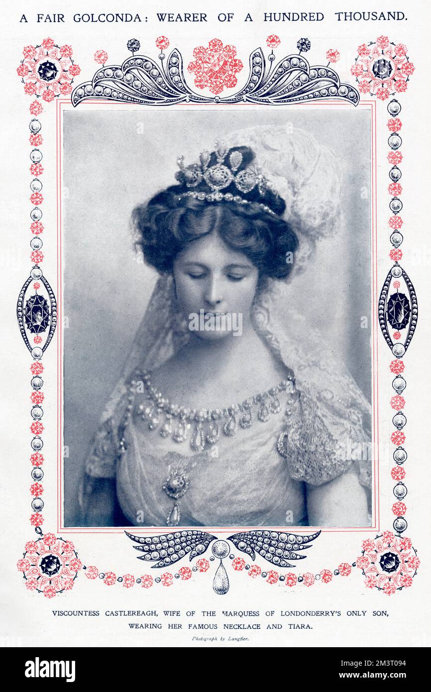Edith Vane-Tempest-Stewart, Viscountess Castlereagh, later Marchioness of Londonderry DBE (3 December 1878  23 April 1959), noted society hostess, and, during the First World War director of the Women's Legion (originally the WVR - Women's Volunteer Reserve). Pictured wearing her famous necklace and tiara featuring some spectacular pear drop pearls.     Date: 1907 Stock Photo