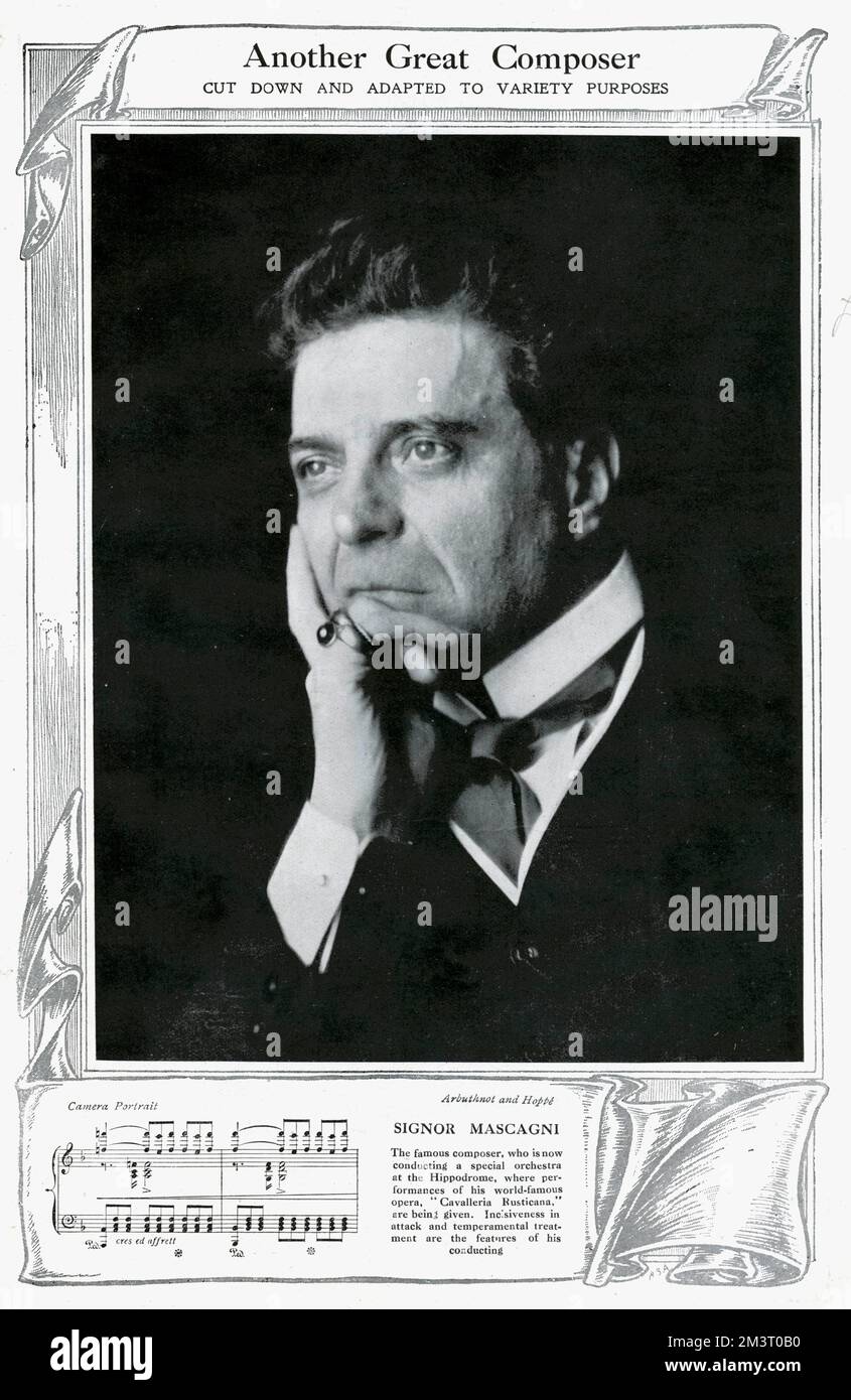 Pietro Mascagni, Italian composer and conductor, featured in The Bystander at the time he was conducting a special orchestra at the London Hippodrome, where performances of his world-famous opera, 'Cavalleria Rusticana' were being performed.     Date: 1909 Stock Photo