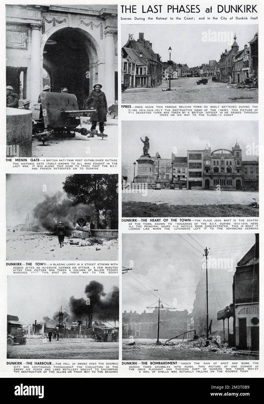Scene from the final phases of the evacuation of Dunkirk, northern France, showing a British anti-tank post at the Menin Gate, a burning lorry with billowing black smoke in a Dunkirk street after an intensive German air attack, black smoke in Dunkirk harbour, a deserted street in Ypres, the empty Place Jean Bart in the centre of Dunkirk, and a Dunkirk street with smoke and rubble after enemy bombardment.     Date: 1940 Stock Photo