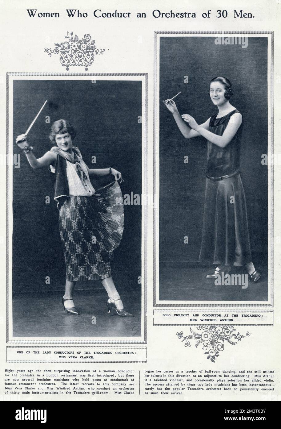 Winifred Arthur and Vera Clarke, who were appearing at the Trocadero in 1924 conducting an orchestra of thirty men. Vera had been a ballroom dancing teacher while Winifred was a violin soloist. Winifred appeared at the London Hippodrome the following year in their revue, The Jazz Mistress.  1924 Stock Photo