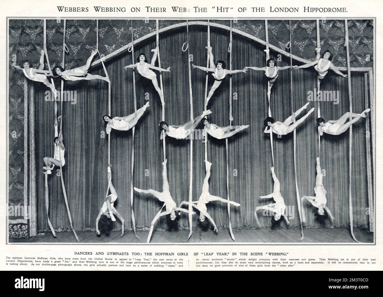 The eighteen Gertrude Hoffman Girls performing their extraordinary acrobatic 'webbing' act at the London Hippodrome, Leap Year, in 1924.      Date: 1924 Stock Photo