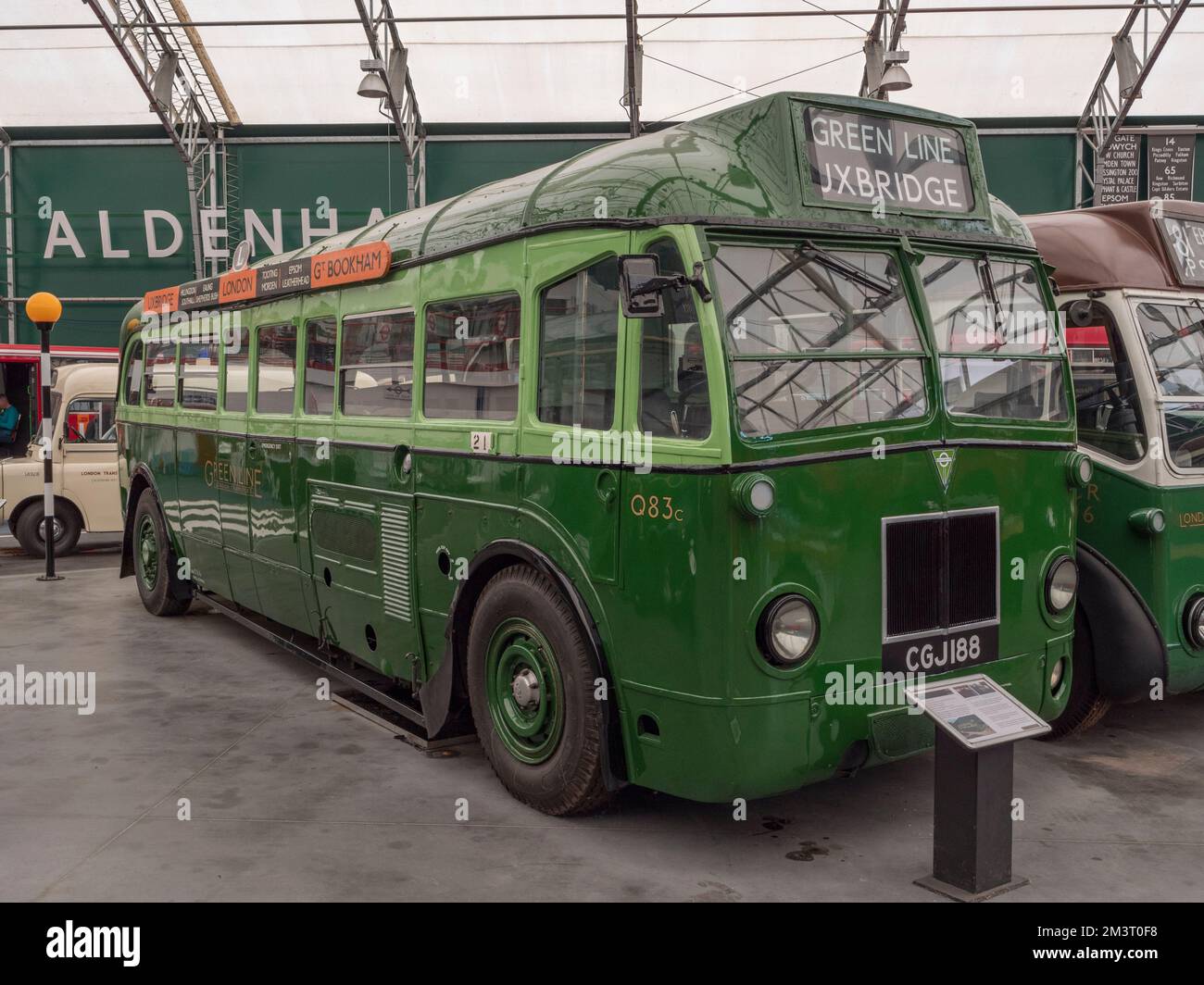 A 1938 Leyland Cub REC (FXT 122) London Passenger Transport Board Green Line bus in the London Bus Museum, part of Brooklands Museum, Surrey, UK. Stock Photo