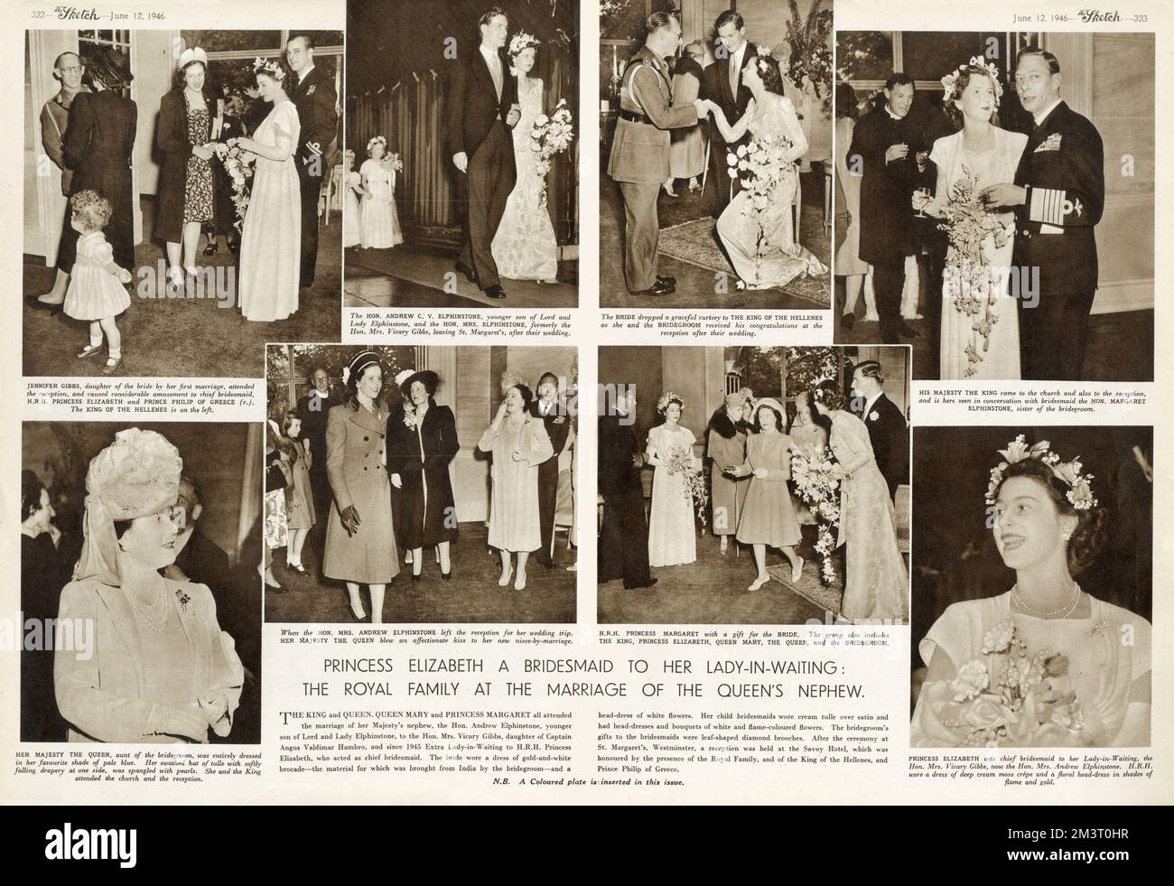 The wedding of Andrew Elphinstone, nephew of Queen Elizabeth to Mrs. Vicary Gibbs in June 1946, at which Princess Elizabeth (Queen Elizabeth II) was chief bridesmaid.  A notable picture in this spread is the Queen with Prince Philip of Greece, who would become her husband the following year. Also in attendance were the King and Queen, Queen Mary and the King of the Hellenes.     Date: 1946 Stock Photo