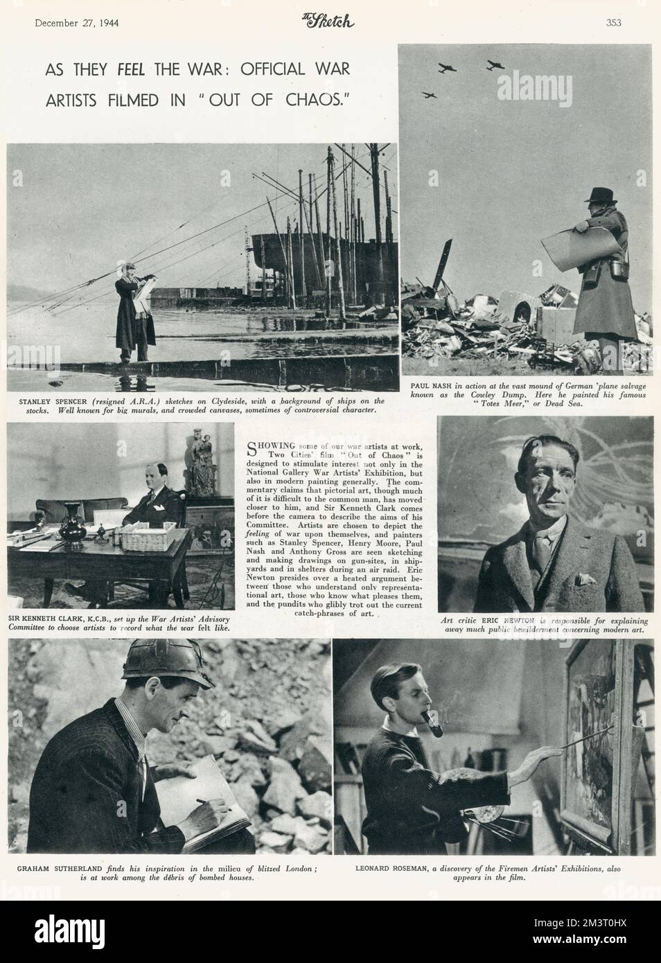 Six war artists at work, filmed for the Two Cities' film &quot;Out of Chaos&quot; - aimed at generating interest in the National Gallery War Artists' Exhibition, but also in modern painting generally. (from top left - clockwise): Stanley Spencer sketches on Clydeside, Paul Nash at the vast mound of German plane salvage known as Cowley Dump, Art Critic Eric Newton, Leonard Roseman, Graham Sutherland working among the debris of bombed London buildings and Sir Kenneth Clark who set up the War Artists' Advisory Committee.     Date: 1944 Stock Photo