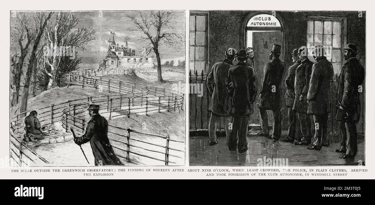 The Anarchist Conspirators in London - (left): The Scene outside the Greenwich Observatory, the finding of Boudin after the explosion (right): About 9 o'clock, when least crowded, the Police (in plain clothes), arrived and took possession of the Club Autonomie, in Windmill Street.     Date: 1894 Stock Photo