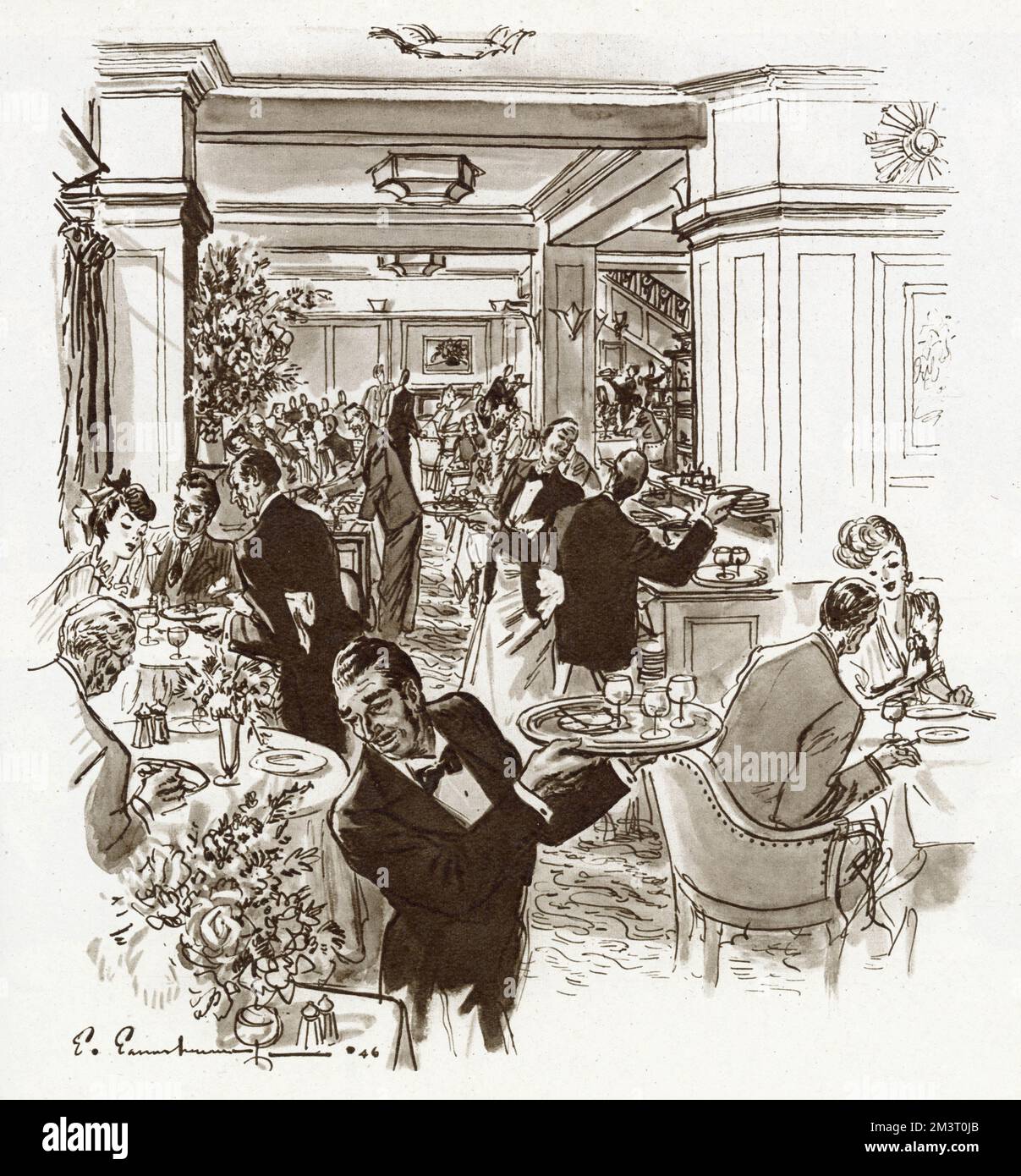 Illustration of the interior of the original Ivy restaurant in West Street, Seven Dials, Covent Garden. Famously frequented by the great and the good, The Tatler explains that actress Marie Tempest usually sits on a table to the left, while Noel Coward takes one on the right, just outside of this picture.      Date: 1946 Stock Photo