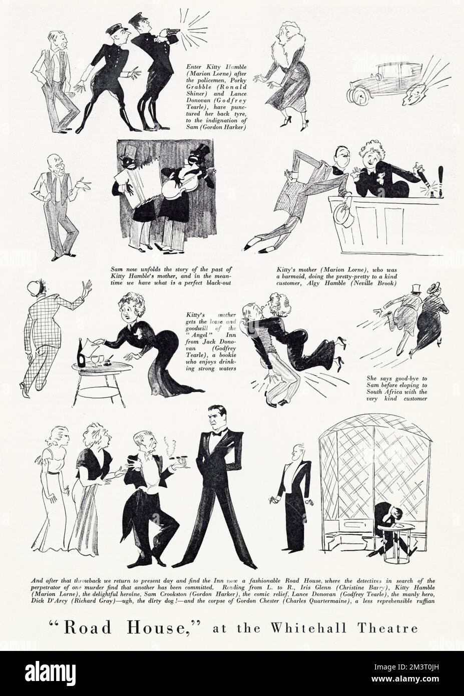 Sketches of scenes in the play 'Road House' at the Whitehall Theatre. Written by Gordon Harker, the play, a light-hearted murder mystery, reflected the rise of the fashionable road house during the 1930s, newly built or adapted pubs and inns, which catered for a leisurely society interested in cars, drinking, dancing, swimming and fun! The play was made into a film shortly afterwards.      Date: 1932 Stock Photo