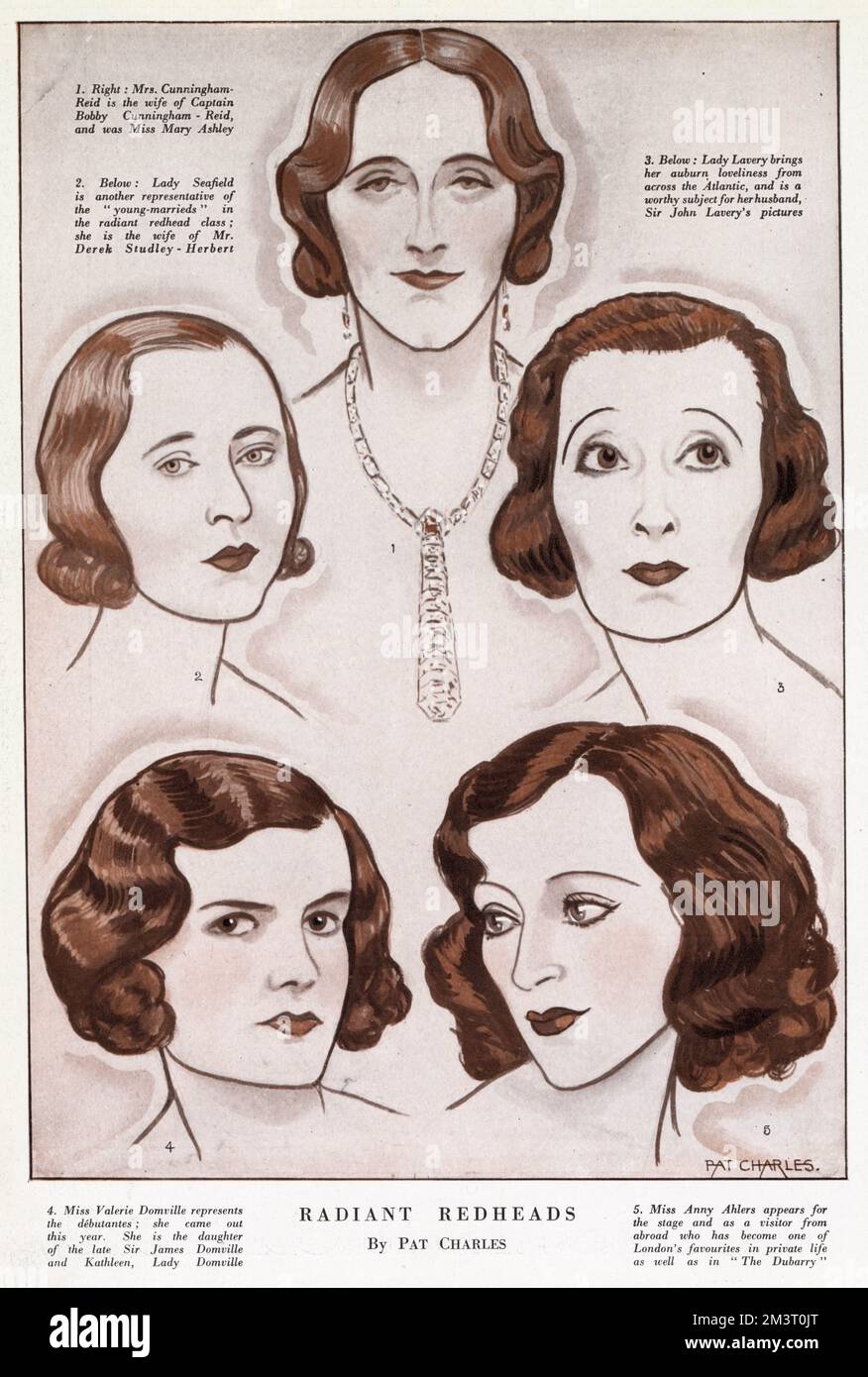 A selection of well-known society women with red head including Mrs Cunningham-Reid, the former  Mary Ashley, Lady Seafield, Hazel, Lady Lavery, Miss Valerie Domville and Miss Anny Ahlers.  Sketched by Pat Charles, an artist well-known in society.     Date: 1932 Stock Photo