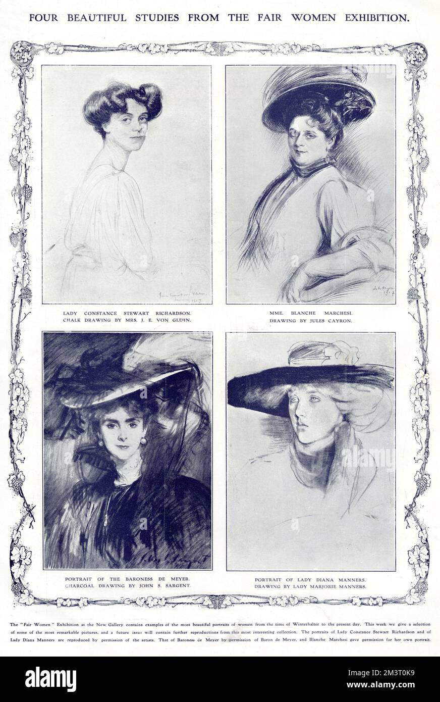 Four beautiful portrait studies from the Fair Women Exhibition. (clockwise from top left): Lady Constance Stewart Richardson - chalk drawing by Mrs J E Von Glehn, Mademoiselle Blanche Marchesi - drawing by Jules Cayron, Lady Diana Manners - drawing by Lady Marjorie Manners and The Baroness de Meyer - charcoal drawing by John Singer Sargent.  1908 Stock Photo