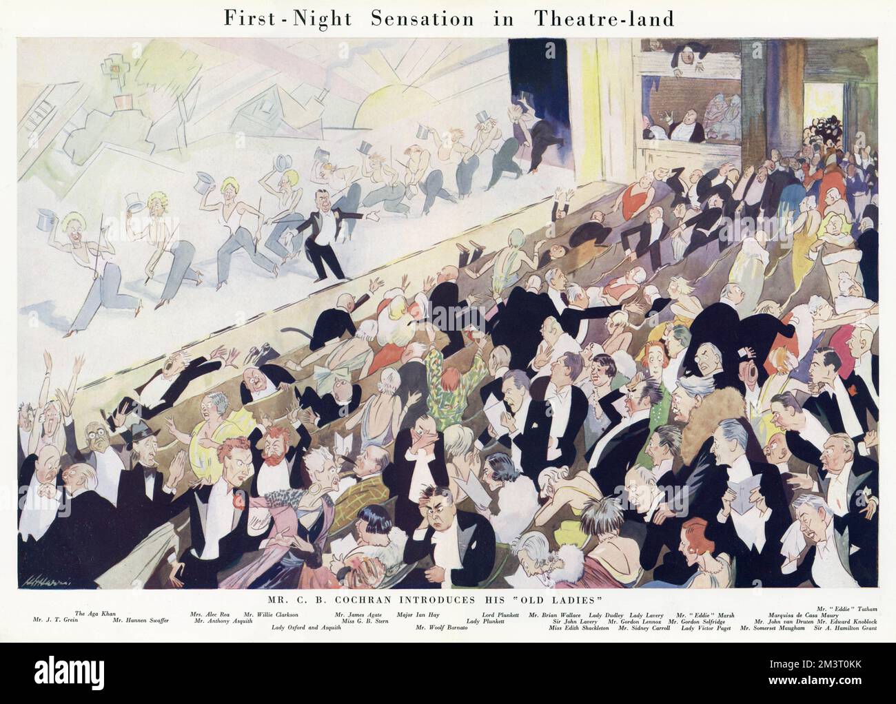 Brilliant illustration by H. H. Harris imagining the scene in a theatre if impresario C. B. Cochran introduced his 'old' rather than the usual 'young ladies'. As a chorus line of geriatrics high kick their way across the stage, all of smart society expresses shock. The caption annotates all the figures depicted but among them are the Aga Khan, Lady Asquith with her son Anthony, Woolf Barnato, Sir John and Lady Lavery, Gordon Selfridge and Somerset Maugham.      Date: 1932 Stock Photo