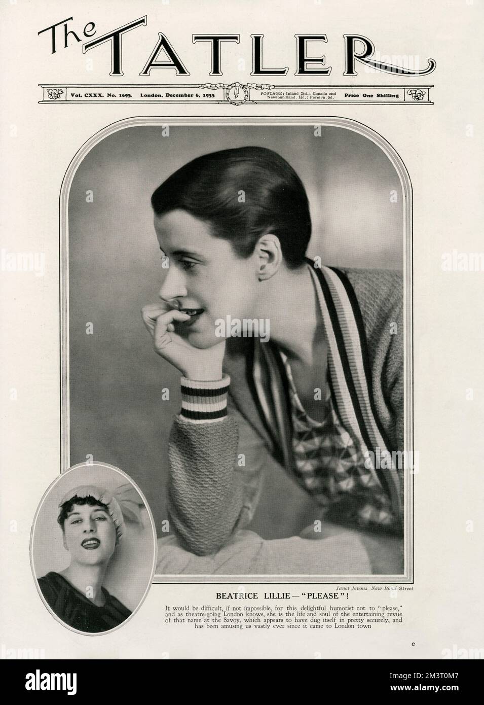 Portrait photograph by Janet Jevons of Beatrice ('Bea') Lillie (1894-1989) on the cover of 'The Tatler', December 6, 1933 - Lillie (featured inset in costume) was at the time starring in 'Please'! revue, London Savoy Stock Photo
