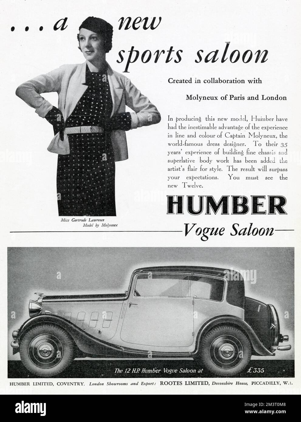 Advertisement for the Humber Vogue Saloon, a special model with design input from couturier Edward Molyneux - there were a number of collaborations between artists/designers and car companies during the 1930s. Pictured in the advertisement is actress Gertrude Lawrence, Molyneux's muse who, almost exclusively, wore his clothes.     Date: 1933 Stock Photo