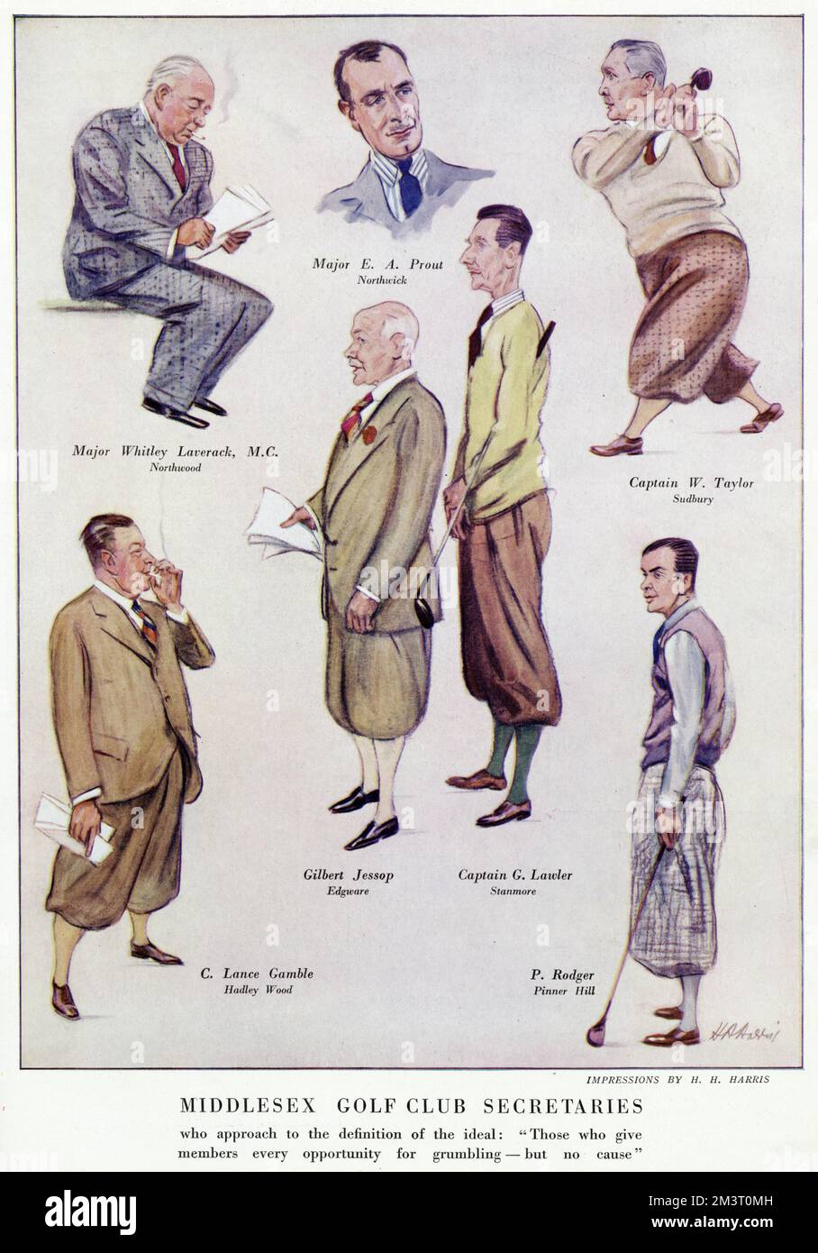 Secretaries of various golf clubs in the Middlesex area in 1932, caricatured by H. H. Harris. Those featured are Major E. A. Proute of Northwick, Captain W. Taylor of Sudbury, Major Whitley Laverack M.C. of Northwood, C. Lance Gamble of Hadley Wood, Gilbert Jessop of Edgware, Captain G. Lawler of Stanmore and P. Rodger of Pinner Hill..      Date: 1932 Stock Photo