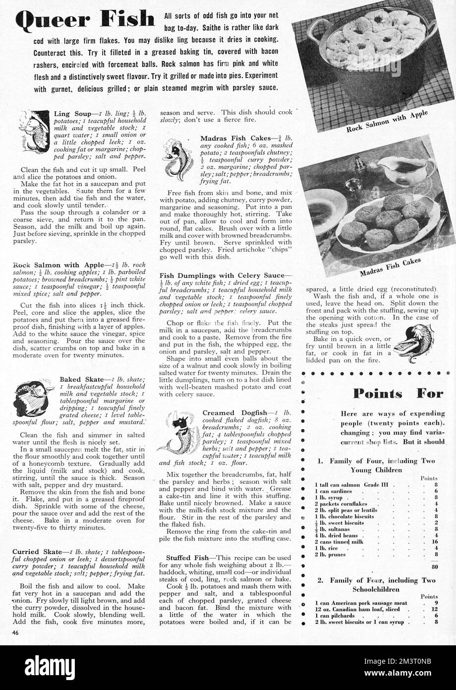 Queer fish, 1943. Wartime recipes using fish such as ling, rock salmon, skate and dogfish.  1943 Stock Photo