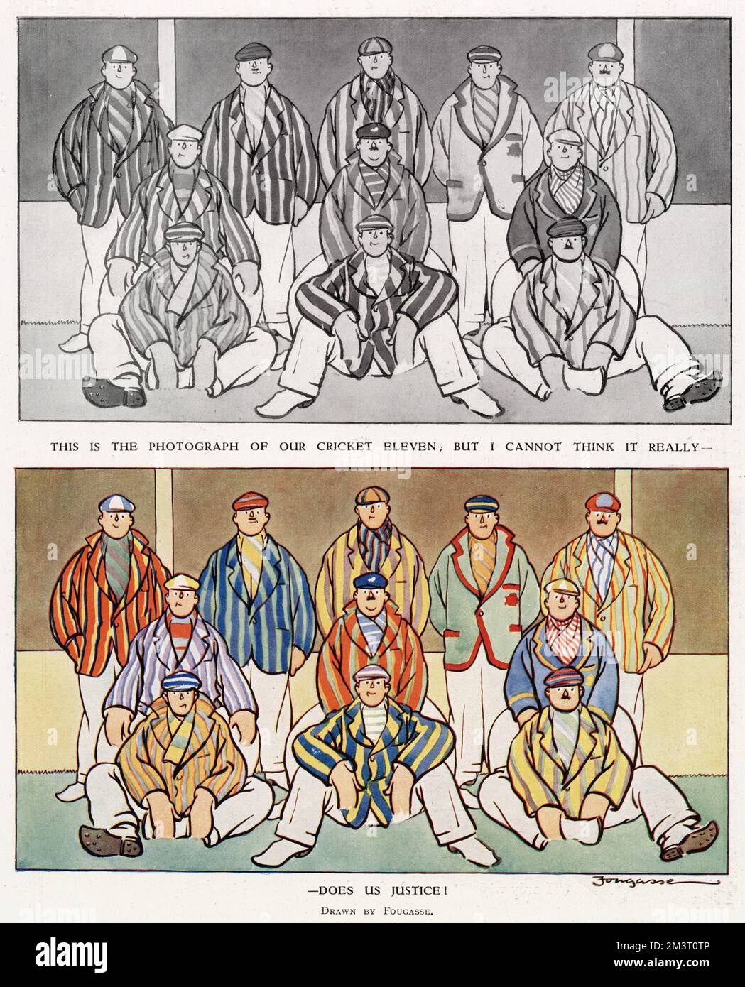 &quot;This is the photograph of our cricket eleven, but I cannot think it really - does us justice.&quot; A cricket team suddenly look very different when a colour image reveals the rainbow spectrum of their striped blazers.  Illustration by Fougasse (Cyril Kenneth Bird).      Date: 1932 Stock Photo