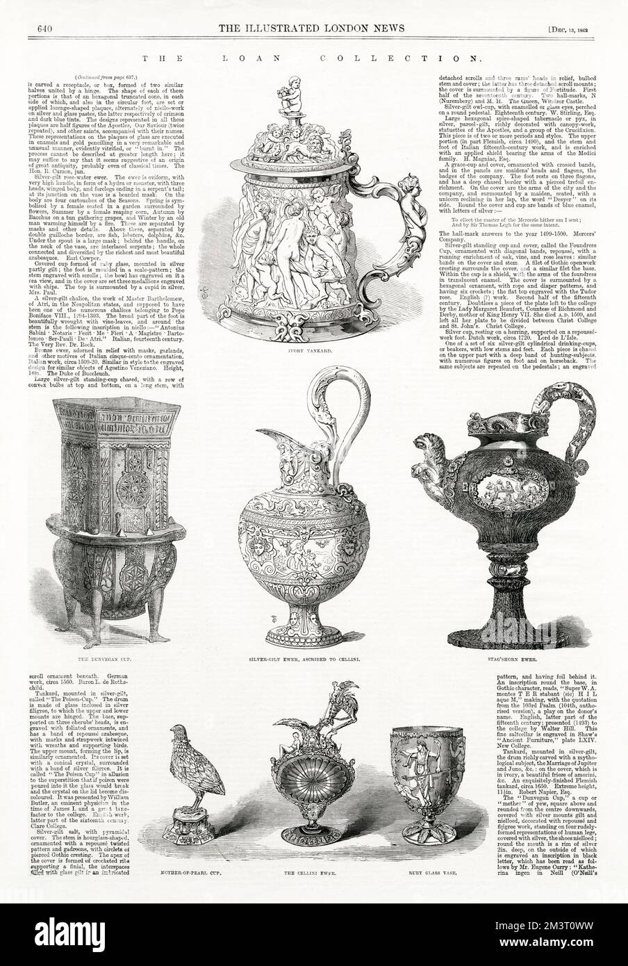 The Loan Collection Exhibition - South Kensington: (left to right from top) Ivory Tankard, The Dunvegan Cup, Silver-gilt Ewer (ascribed to Cellini), Stag'shorn Ewer, Mother-of-pearl Cup, The Cellini Ewer and Ruby Glass Vase. Stock Photo