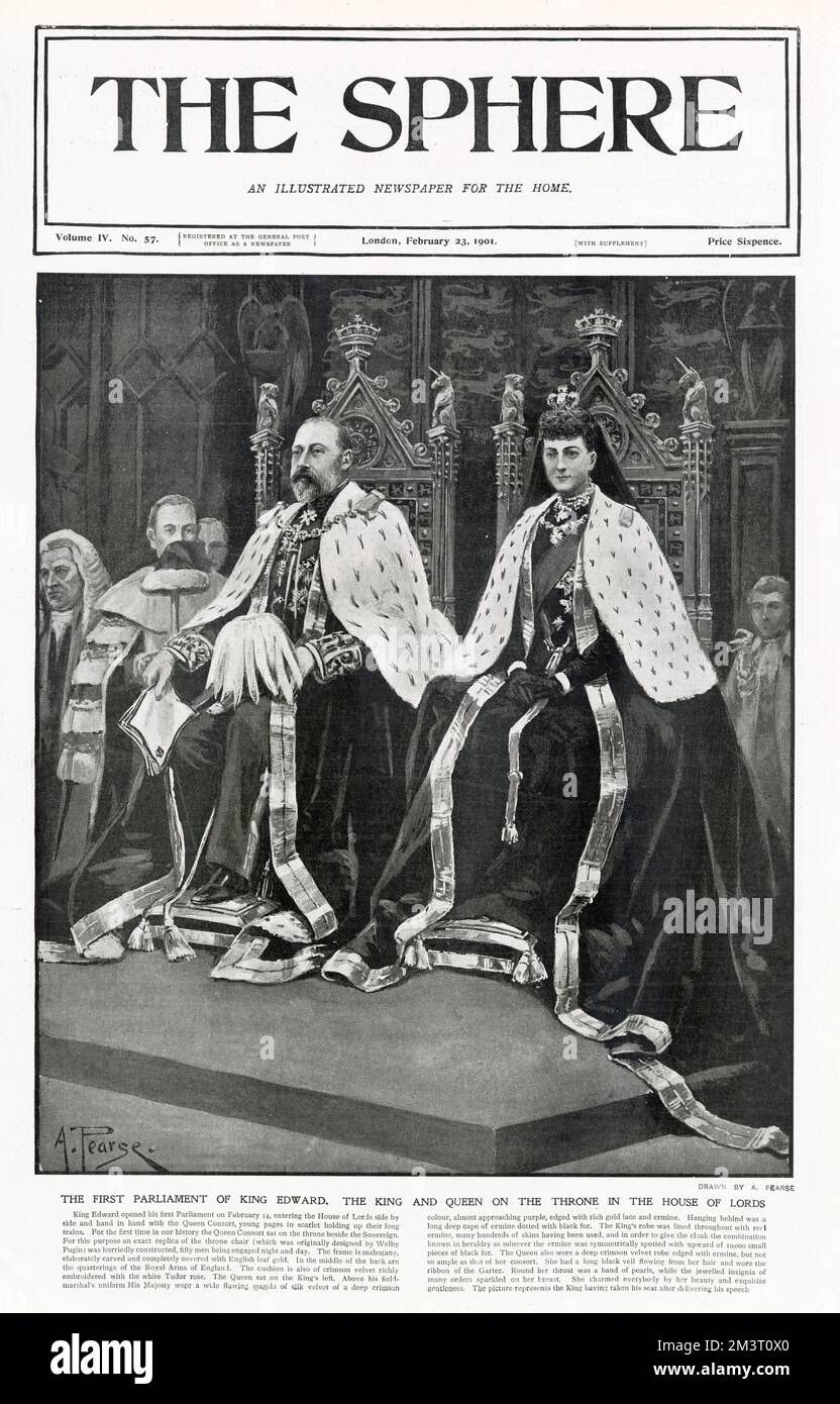 Front cover of 'The Sphere,' showing King Edward's seated for the first time in history next to Queen consort Alexandra, to open his first Parliament.      Date: 14th February 1901 Stock Photo