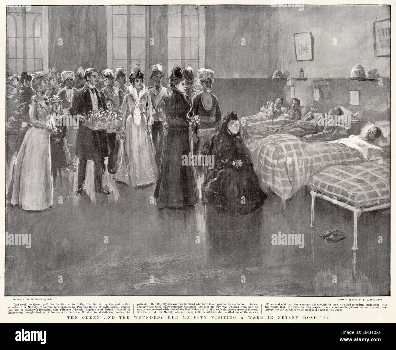 Queen Victoria accompanied by Princess Henry of Battenburg, visiting wards at Netley military hospital with seriously wounded soldiers that took part in the war in South Africa. Stock Photo