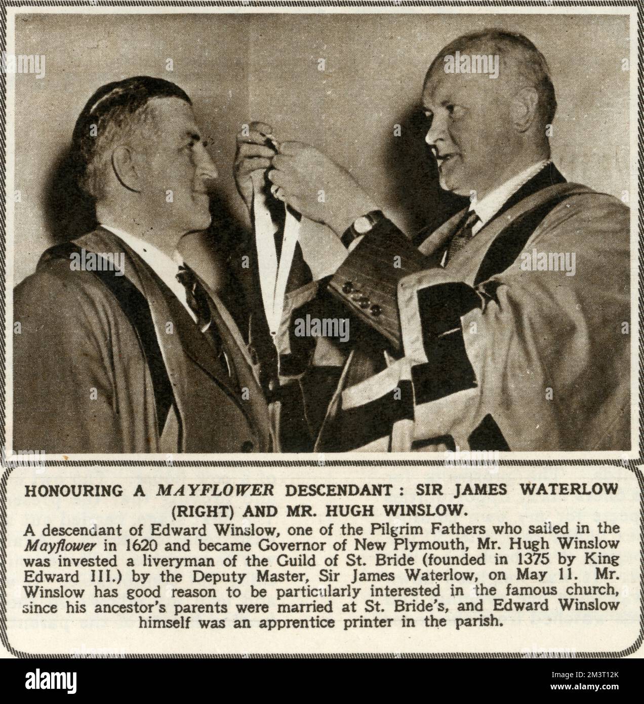 Honouring a Mayflower descendant - Sir James Waterlow (right) and Mr. Hugh Winslow. Hugh Winslow was a descendant of Edward Winslow, one of the Pilgrim Fathers who sailed in the Mayflower in 1620 and became Governor of New Plymouth. Stock Photo