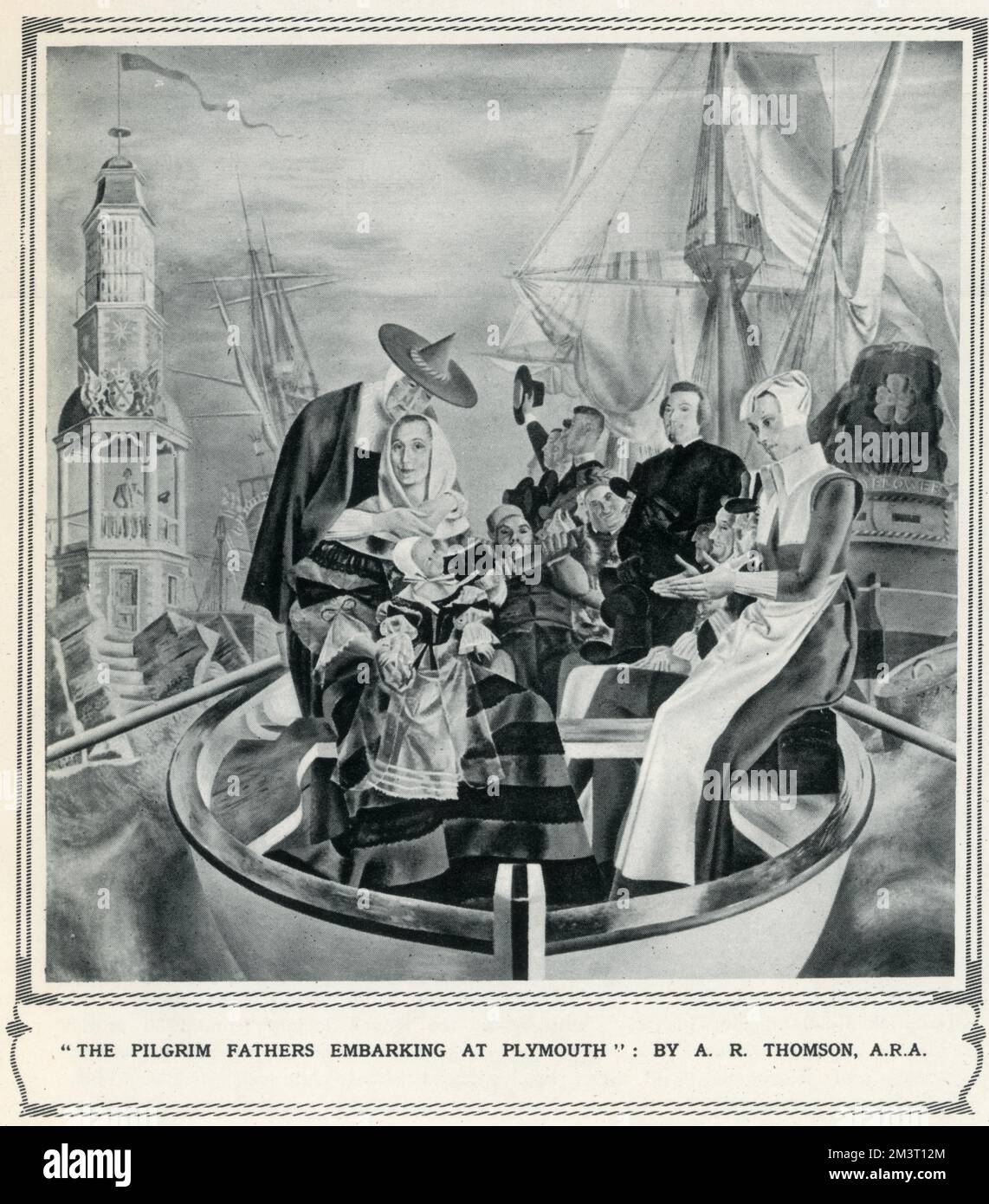 The Pilgrim Fathers embarking at Plymouth by A. R. Thomson, one of a number of murals exhibited in the Octagon Hall at Burlington House during the Royal Academy exhibition of 1938. Stock Photo