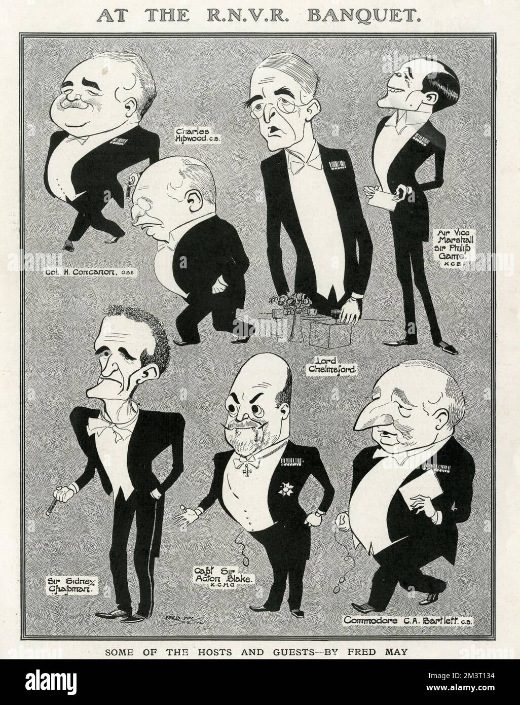 Personalities at the Royal Naval Volunteer Reserve banquet caricatured by Fred May. Pictured are C. I. H. Concannon, Charles Hipwood, Lord Chelmsford, Air Vice Marshal Sir Philip Garrie, Sir Sidney Chapman, Capt. Sir Acton Blake and Comodore C. A. Bartlett. Stock Photo