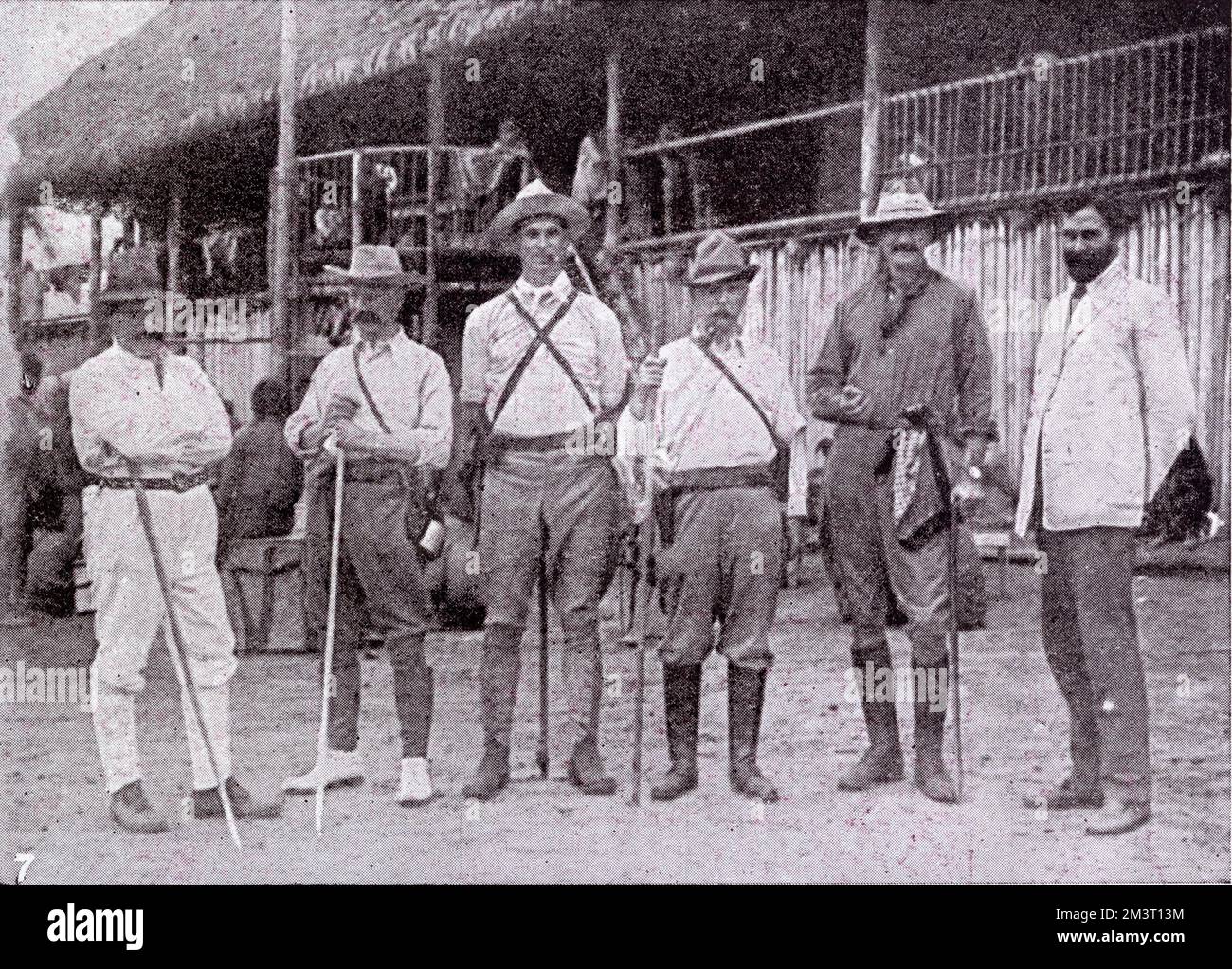 Roger Casement, diplomat and Irish independence fighter pictured with L. H. Barnes (tropical agriculturist), W. Fox (rubber expert and botanist), E.S. Bell (merchant), H. L. Gielgud (secretary/manager) and Juan Tizon in the Putumayo district of the Upper Amazon basin in Peru. Casement, Barnes, Fox and Bell were part of a commission investigating abuses carried out by the Anglo-Peruvian Amazon Rubber Company in the area. Their report on the atrocious treatment of the indigenous people by the company caused outrage in Britain, especially when it was revealed the company had a number of British i Stock Photo