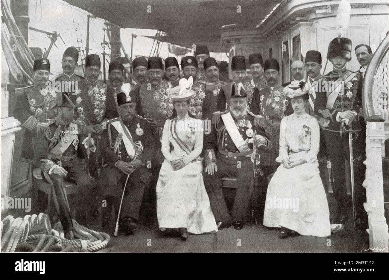 The visit of the Shah of Persia to Britain - meeting the Royal family at Portsmouth on 20 August, 1902. Group photograph onboard the Royal Yacht Victoria & Albert. Stock Photo