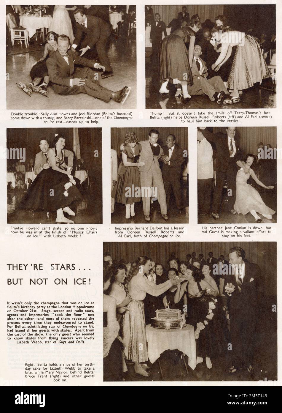 Page from The Sketch reporting on the birthday party of Belita (Maria Belita Jepson-Turner) at the London Hippodrome, at the time she was starring the show 'Champagne on Ice'. The HIppodrome's old arena area was turned into a rink for the show, and the party took place on the ice, with various celebrities including Frankie Howerd, Lizbeth Webb, Terry Thomas and Bernard Delfont tackling the challenge of skating with various degrees of success. Stock Photo
