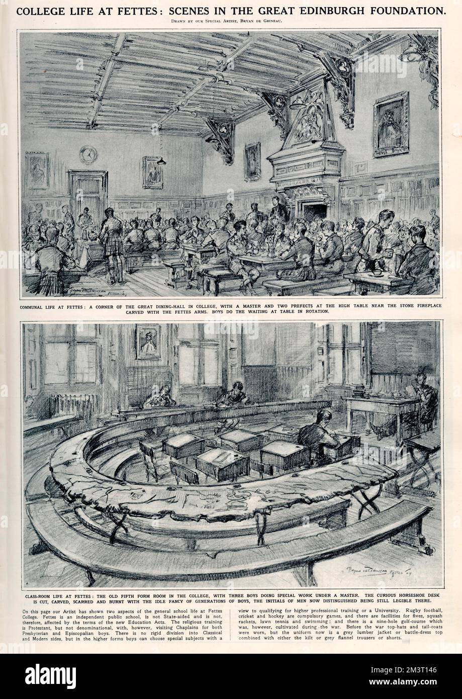 Sketch by Bryan de Grineau showing the great dining-hall at Fettes College, Edinburgh. A master and two prefects are dining near the large stone fireplace carved with the Fettes College arms. Pupils took turns to serve meals. Stock Photo