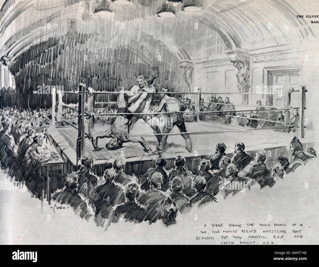 A wrestling bout in the ring at Rainbow Corner, the famous American Red Cross Club in London which claimed to have, "doors that never close" (though they eventually did in 1946). The wrestlers pictured are Sgt. Tony Mancelli of the RAF and Chick 'Cocky' Knight of the USA. Stock Photo