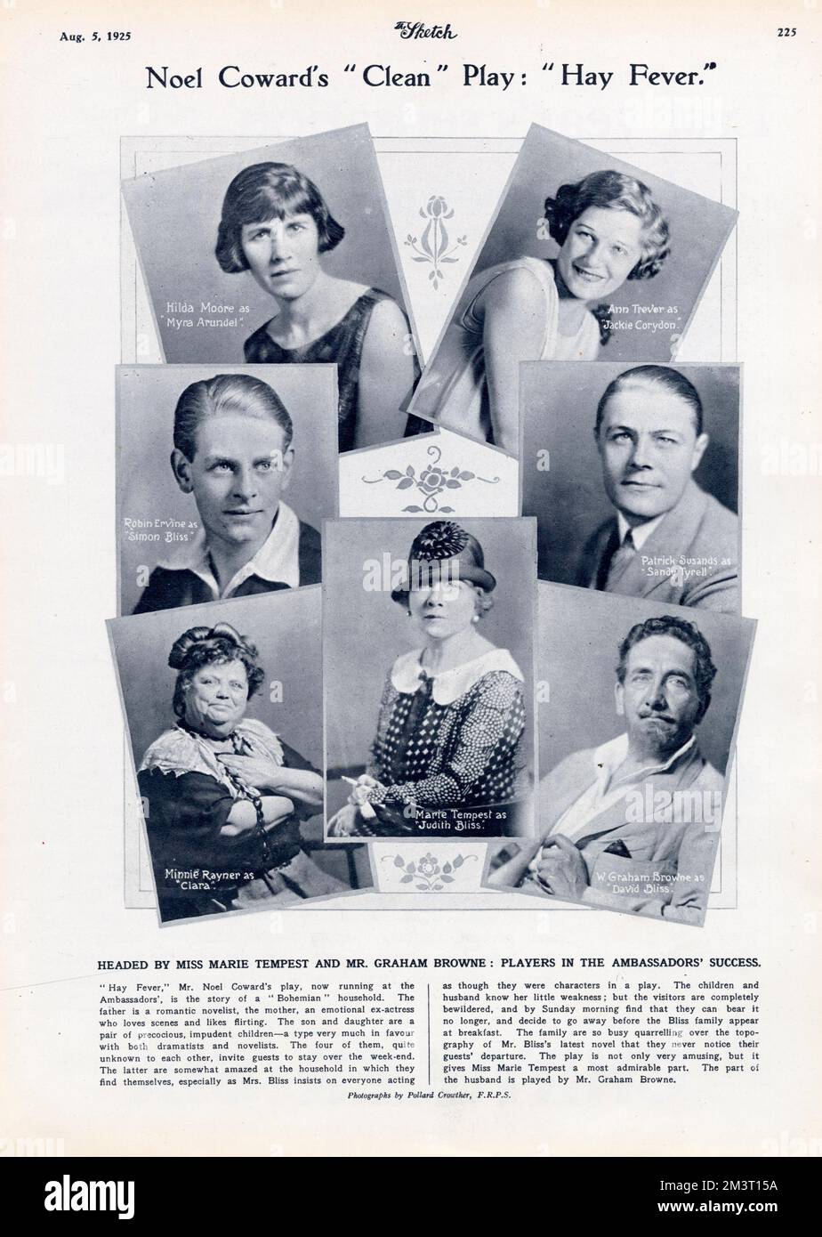 The cast of Hay Fever, described as 'Noel Coward's 'Clean Play'' by The Sketch. Marie Tempest played the role of Judith Bliss, a bohemian ex-actress, while Graham Browne her husband, David Bliss. Stock Photo