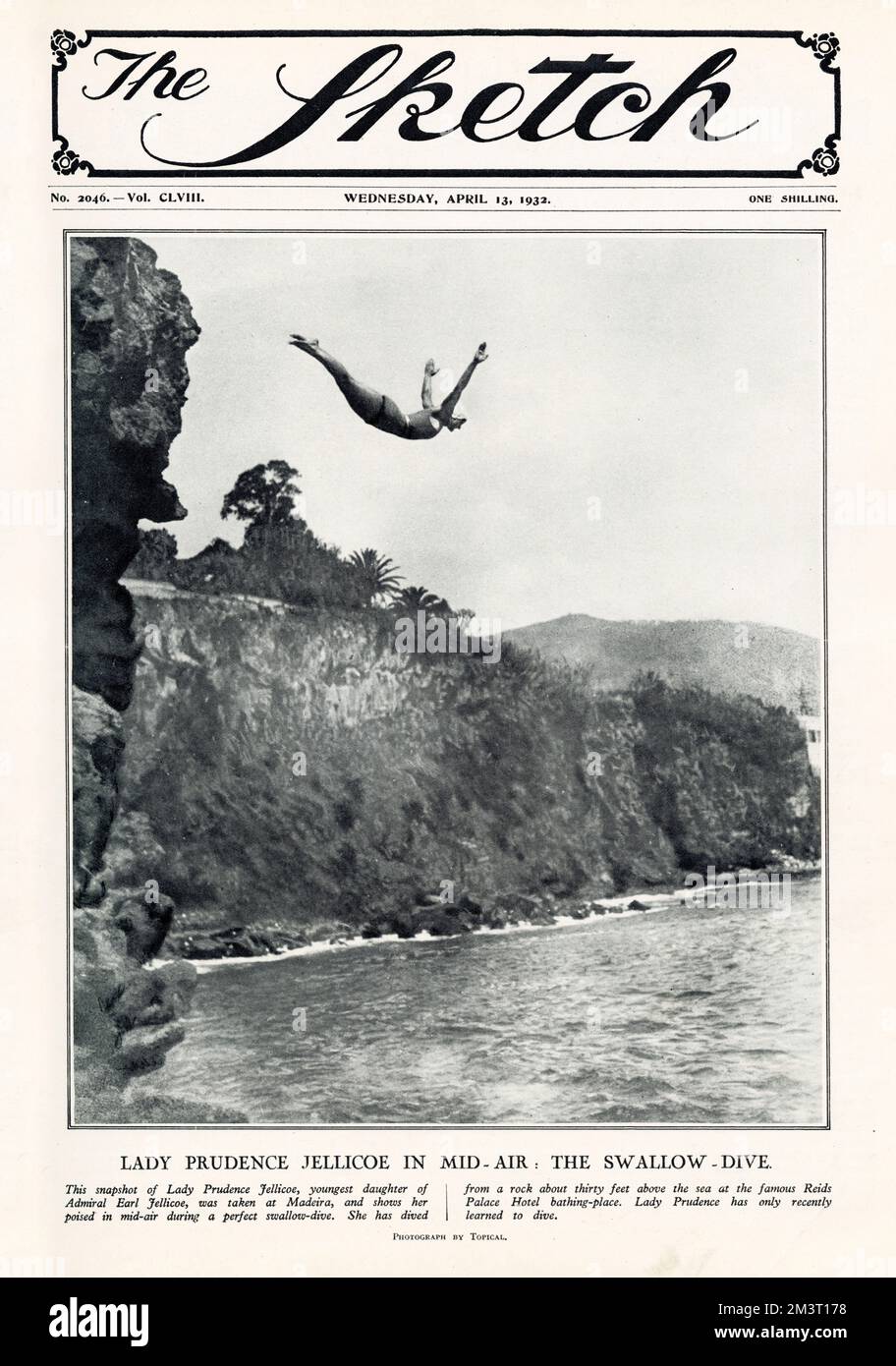 The perfect Swallow Dive - Lady Prudence Jellicoe (1913-), youngest daughter of Admiral Earl Jellicoe photographed in a dramatic pose in mid-air, 30ft above the sea, at the famous Reid's Palace Hotel Bathing Place, Madeira, Portugal.   1932 Stock Photo