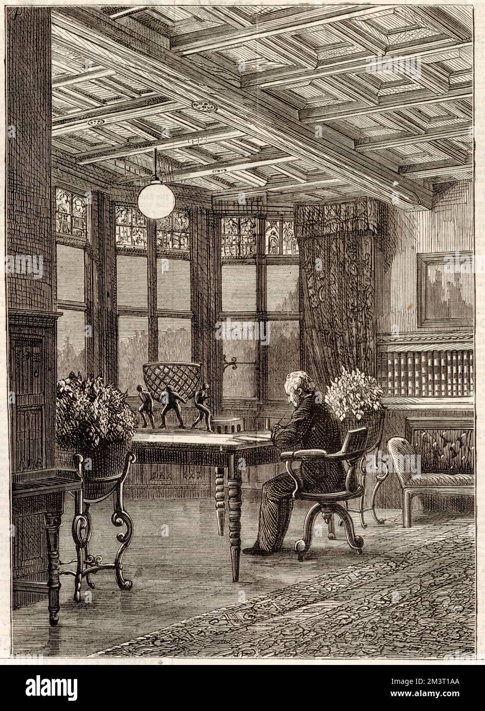 Electric Lighting in the Library of the residence (Cragside) of Industrialist William Armstrong (Swan Lighting).  1881 Stock Photo